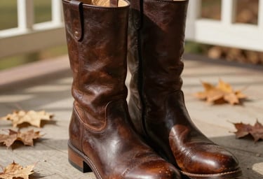 A detail shot of a pair of leather boots resting on a sun-drenched porch, surrounded by autumn leaves. Warm, elegant, and nostalgic feel with dark espresso and soft brown colors. North American / US (West Michigan).