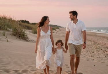 A lifestyle photography portrait of a family walking through the sand dunes of Lake Michigan during the golden hour. The mood is timeless and inviting, with a palette of dusty rose, warm sand, and off-white.