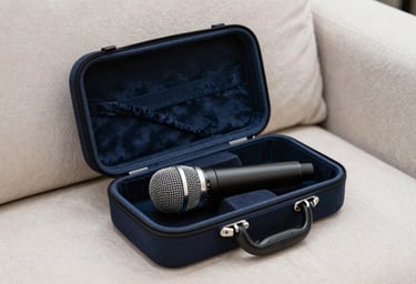 A professional portrait-style photo of an elegant microphone case open on a studio couch. The scene suggests readiness for a high-quality session. Colors: Dark navy and off-white. Southern European / Spanish context.