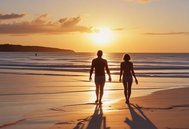 COUPLE NU MARCHANT SUR UNE PLAGE