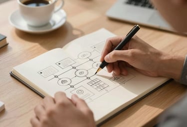Candid cinematic shot of a developer's hands sketching a system architecture on a notepad. Warm, sun-drenched desk environment with a cup of coffee and Soft Sand (#F7F4E9) paper.