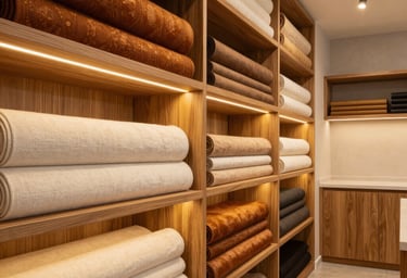 Cozy and sophisticated design studio interior in Brazil, with warm wooden shelves, rolled fabrics in warm bronze and cream, and golden lighting. Elegant architectural layout, clean workspace.