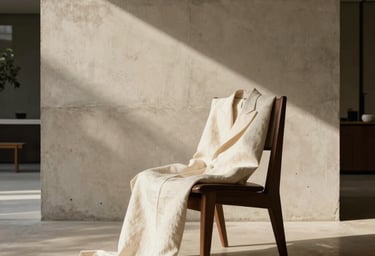 A minimalist, haute couture editorial photograph set in an elegant Brazilian mid-century modern home. A stunning architectural concrete wall serves as the backdrop with soft sunlight casting long shadows. A single piece of structured ivory linen apparel draped over a dark mocha wood chair. High-end editorial style, warm alabaster and muted sand color palette, high contrast, soft natural light.