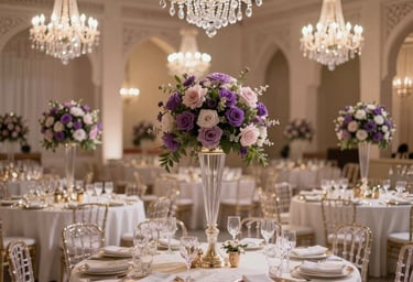 A wide artistic shot of a luxurious wedding reception setup, featuring elegant table settings, crystal chandeliers, and soft muted purple floral arrangements, Middle Eastern / Gulf architecture.