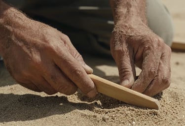 A close up of the artist's hands covered in fine soft sand, holding a simple wooden tool, warm cinematic light.
