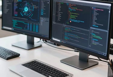 A close-up photograph of a modern tech workspace in Mexico City, featuring high-end computer screens displaying intricate cybersecurity diagrams and code. The desk is a clean, pristine white with a sleek metallic laptop, bathed in sharp, bright natural light.
