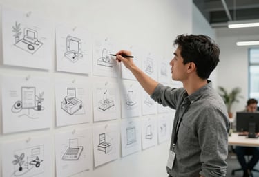 A candid shot of a creative professional in a North American / US co-working space, looking at a wall of digital concept sketches. The aesthetic is clean and modern, utilizing a palette of Ghost White and Mist Grey.