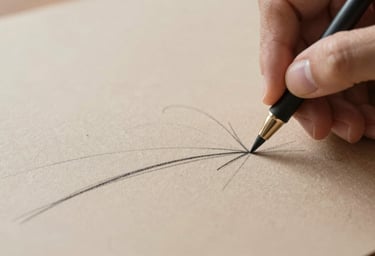 The architect's hand sketching a fluid line, charcoal on soft sand paper, professional and creative close-up #7C4E3A #F9F7F2