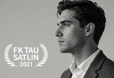 B&W profile of a male model looking into the distance, sharp lighting, Charcoal Grey and Off-white palette.