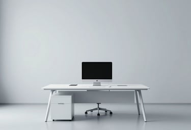 Minimalist office interior with a single sleek desk and a high-end computer, clean lines, professional and sophisticated, #F2F5F7 dominant.
