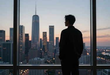 A person silhouetted against a large window looking out at a North American / US city skyline at dusk, elegant and cinematic.
