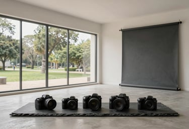 A minimalist studio interior in Angola with large windows overlooking a park, camera equipment neatly arranged, dark slate grey and off-white color palette.