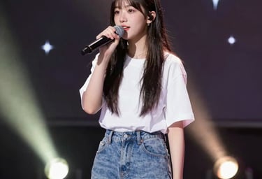 A young singer passionately performing on stage under warm spotlights.