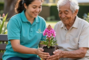 Hands gently holding a blooming heart-shaped flower symbolizing care and growth.