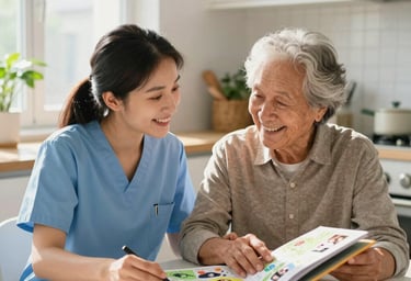 A smiling home health care nurse assisting a senior woman with a memory care activity book.