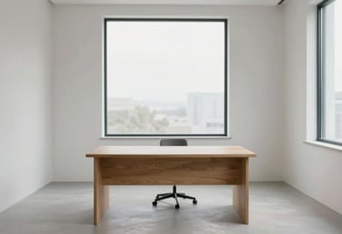 A wide-angle shot of a clean, modern design studio with a single oak desk and a large window. The lighting is natural and calm. The room features a minimalist aesthetic with neutral tones like #F0F4F4 and subtle teal #3F5E5C accents.