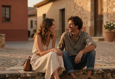 A cinematic, warm-toned lifestyle photograph of a couple laughing together, sitting on rustic stone steps in a historic village in Spain during late afternoon. The scene is bathed in golden light with terracotta and warm sand tones, evoking an intimate and authentic feeling.