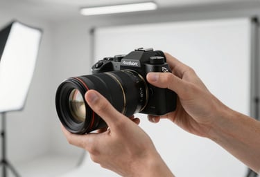A professional photographer's hands adjusting a high-end camera lens in a modern Istanbul studio. The camera is black charcoal, with gold ring details. Bright, minimalist lighting.