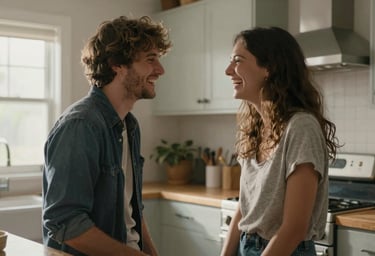 Authentic lifestyle photography of a young couple laughing together in a sun-drenched North American kitchen, soft morning light, candid cinematic atmosphere.