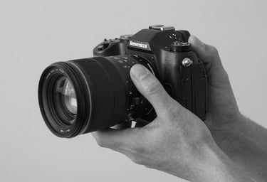 A sleek, black and white close-up of a North American hand holding a professional camera, cinematic lighting.