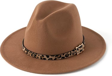 Women’s wide brim felt fedora Panama hat with leopard belt, stylish fall accessory.