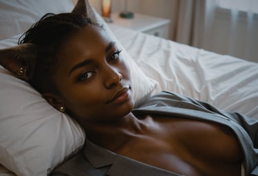 a woman with cat ears lying on a bed