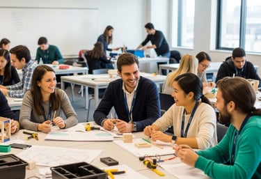 Giovani imprenditori in una aula per esercitazioni pratiche