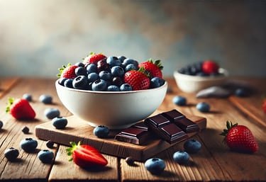 Schüssel mit Beeren und Schokolade auf einem Tisch