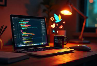 A laptop with codes and a mug text written publish website