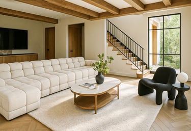 Scandinavian-inspired living room with custom cube sofa, wood beams, natural light, and modern accents by Solo Home Decor.