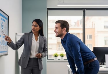 Imprenditrice che mostra procedure aziendali ad un impiegato , chino sulla lavagna e contento di averle