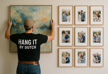 a man is hanging a picture of a family portrait