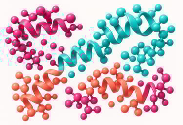 Colorful 3D molecular model representing healing peptides on a white background.