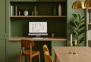 Escrivaninha sob medida em tons verdes, criando um ambiente de home office lindo, autentico