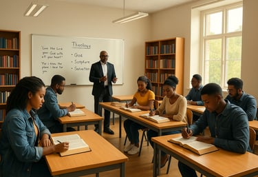 Un homme en costume-cravate se tient devant une salle de classe.