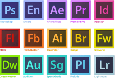 Ensemble des icônes de la suite Adobe Creative Cloud incluant : Photoshop, Illustrator, InDesign, Premiere Pro, After Effects