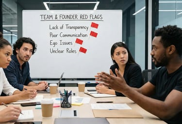 Startup team meeting discussing founder red flags