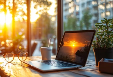 Picture of laptop in cafe with sunshine as laptop background.