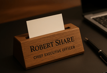Wooden engraved CEO nameplate with pen. Office desk display for executives or business gifts.