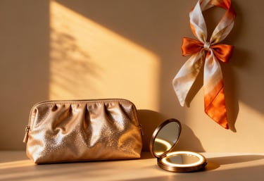 "Gilded Moments" GWP collection, with a shimmering gold cosmetic pouch, silk scarf, and mirror.