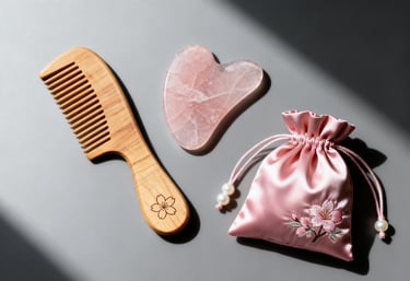 "Sakura Ritual" GWP collection, featuring a pink satin pouch with a wooden comb and Gua Sha.