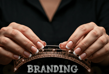 Manos mujer sosteniendo un puente brillante simbolo exitomensaje 'Branding = Éxito'  destaca