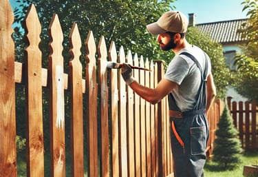 A man in overalls and a cap paints a wooden fence with a brush in a sunny backyard, surrounded by gr