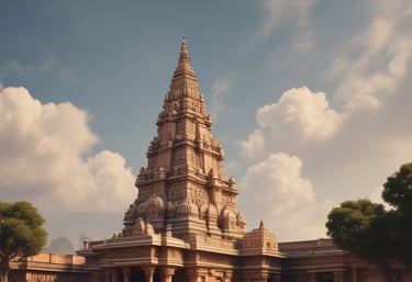 A serene temple courtyard bathed in golden sunlight, with ancient scriptures and marigold flowers arranged respectfully.