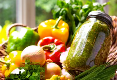 a jar of puerto rican sofrito with vegetables and herbs