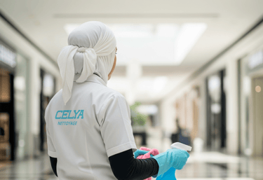 Agent de nettoyage en action, assurant la propreté des espaces commerciaux à Casablanca