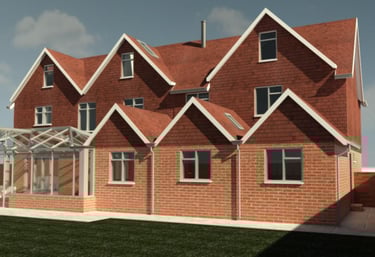 3D image of a proposed loft convers, conservatory extension and side extension