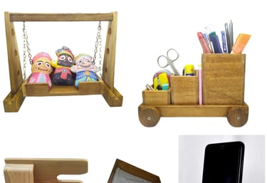 a collection of wooden desk accessories including a desk organizer