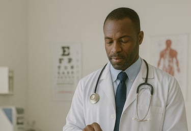 Doctor using tablet with virtual assistant on laptop screen helping manage scheduling.