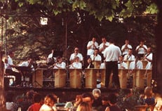 a band playing instruments in a restaurant
